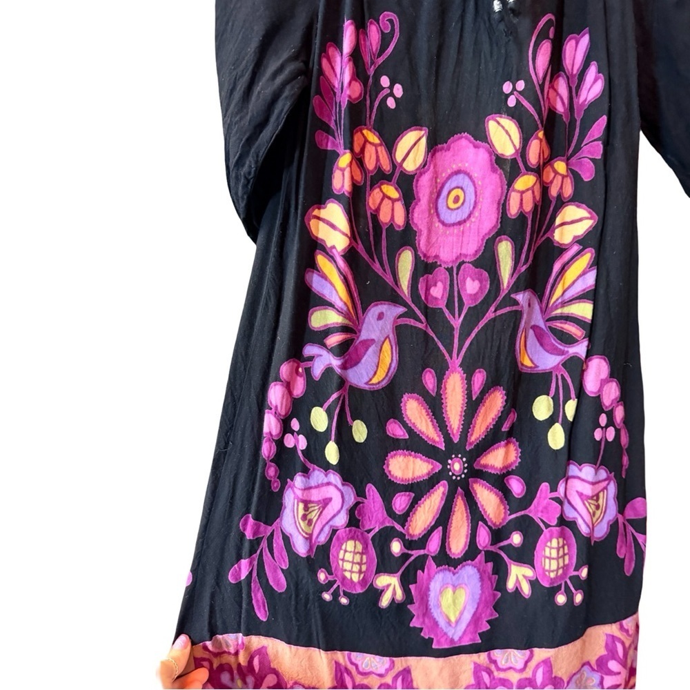 Black Boho Peasant Dress | Bird Floral Print | Smocked Neckline | Size M - Picture 4 of 11